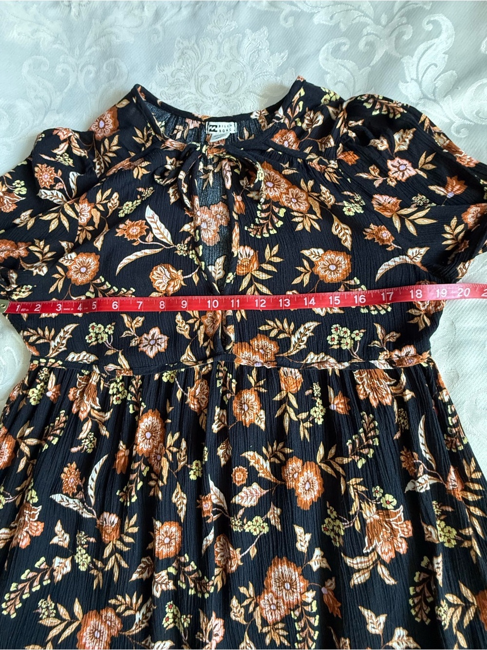 Billabong Floral Boho Mini Dress L Long Sleeve Tie Neck w/ keyhole Empire Waist - Picture 10 of 13